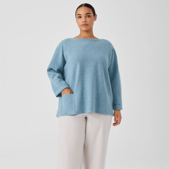 - NWT Eileen Fisher Blue Steel Lightweight Boiled Wool Bateau Neck Top i - Picture 1 of 3